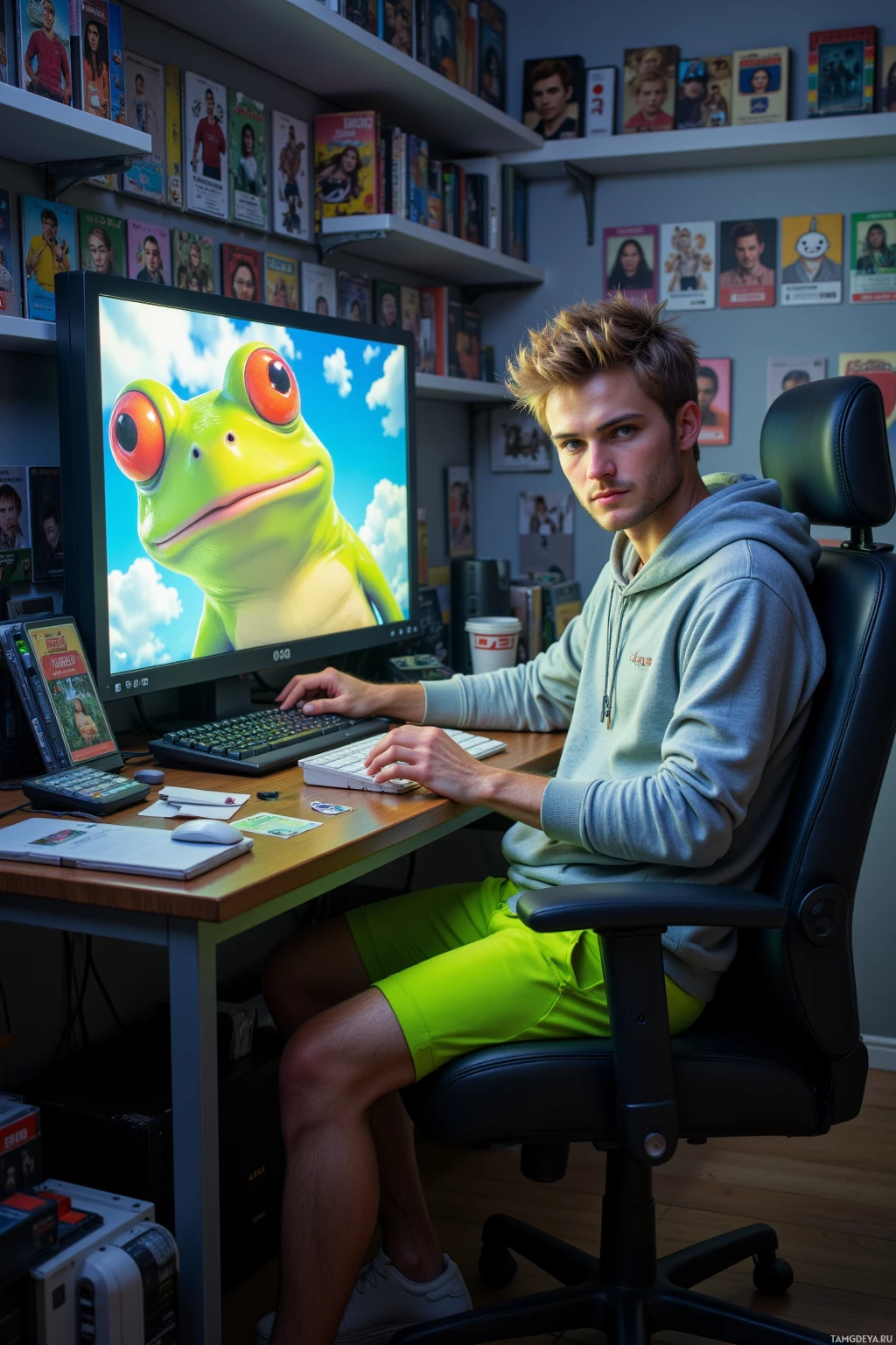Realistic high quality photo. Male, 21, tousled blonde hair, blue eyes, wearing a light gray hoodie, neon green shorts and white sneakers, sitting at a desk in a dimly lit apartment with a computer monitor showing a large frog GIF meme, keyboard smashed beside him, surrounded by shelves filled with collectible cards labeled banned Reddit accounts, intense focus and sarcastic grin.