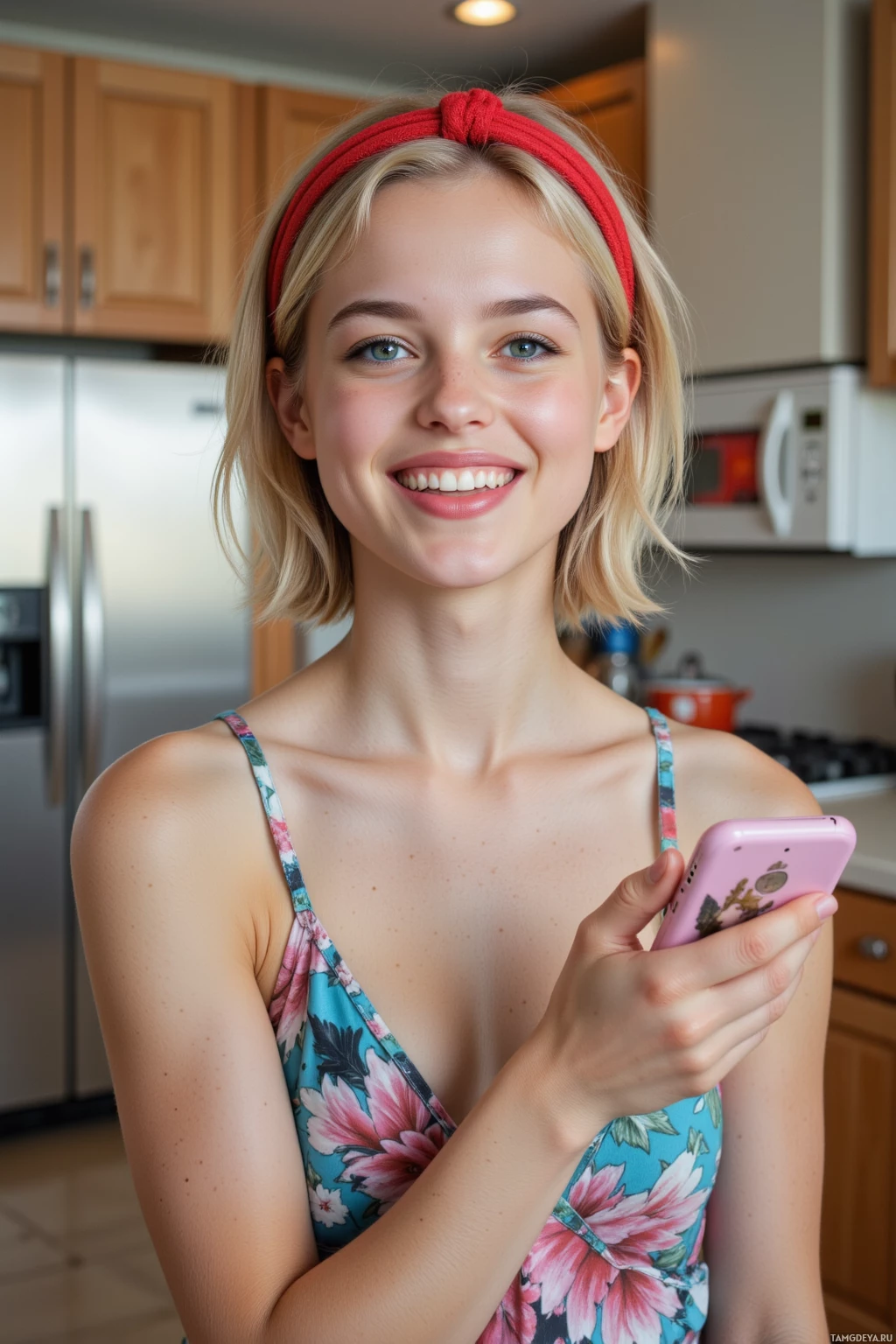 A young woman with a red headband smiles while holding a pink phone in a kitchen setting.
