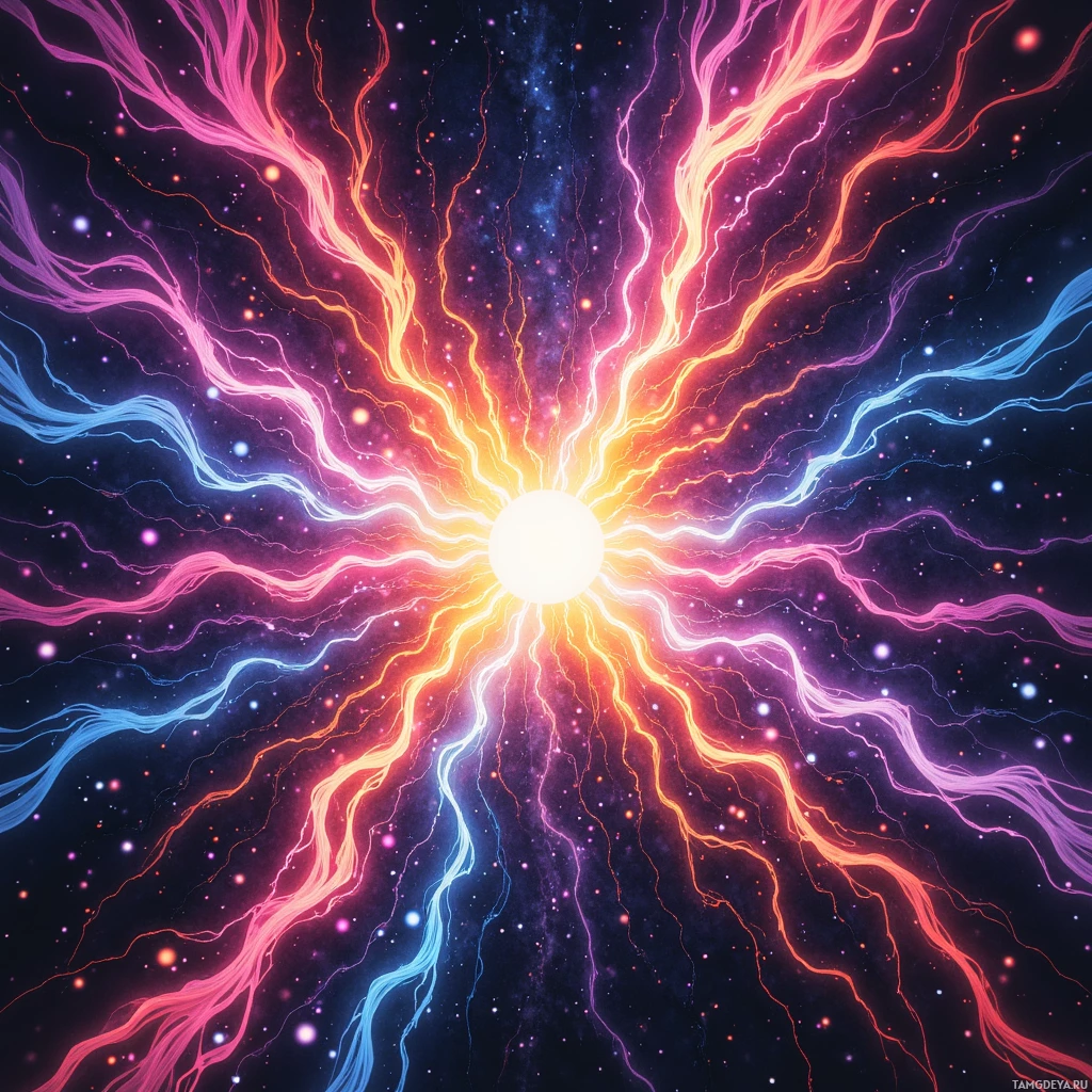 A vibrant cosmic explosion with colorful rays radiating outward against a starry background.