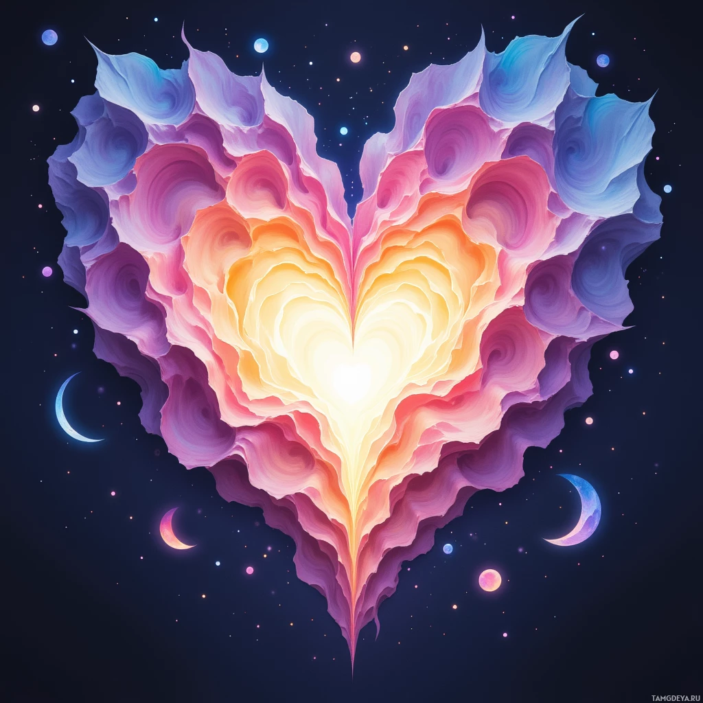 A vibrant, abstract heart shape with swirling colors and glowing edges against a starry night sky.