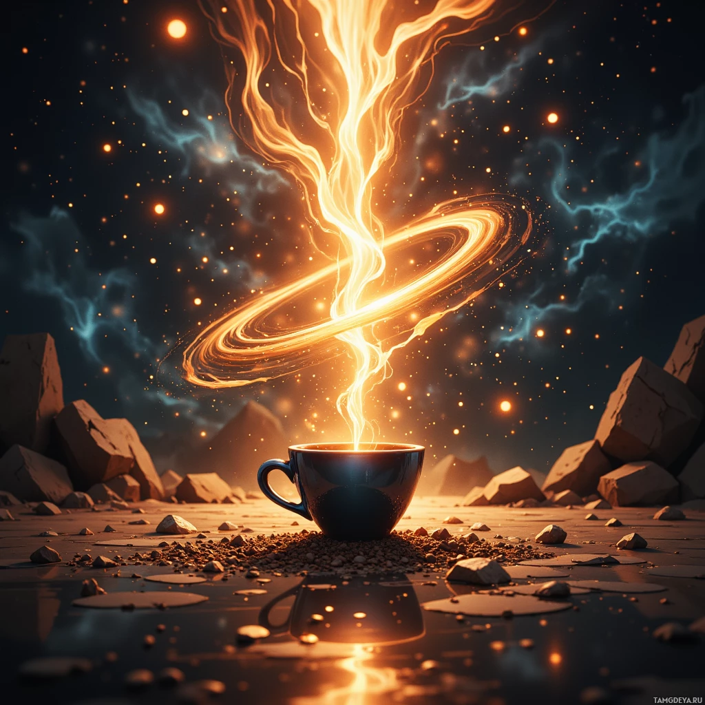 A glowing, cosmic swirl of light rises from a cup in a rocky, starry landscape.