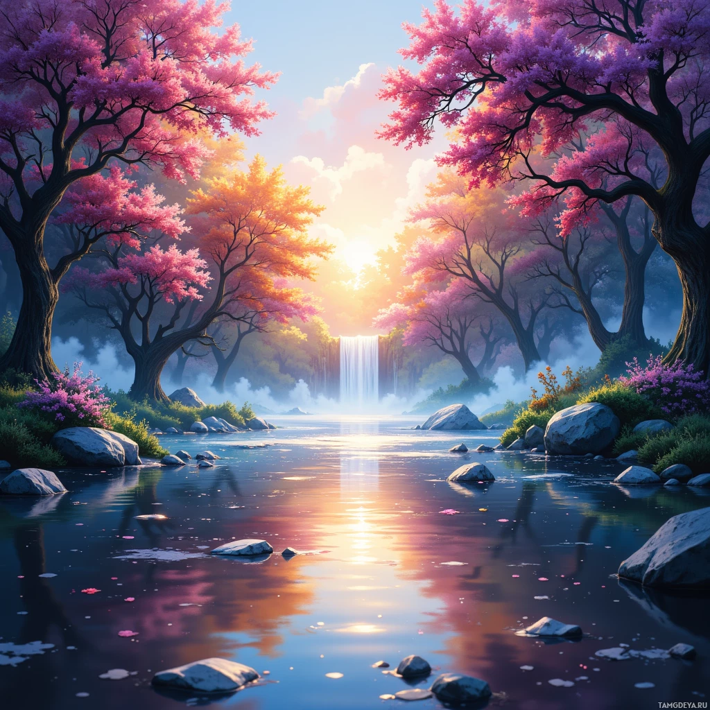 A serene landscape features a river with rocks and vibrant cherry blossoms in full bloom on either side under a bright sky.