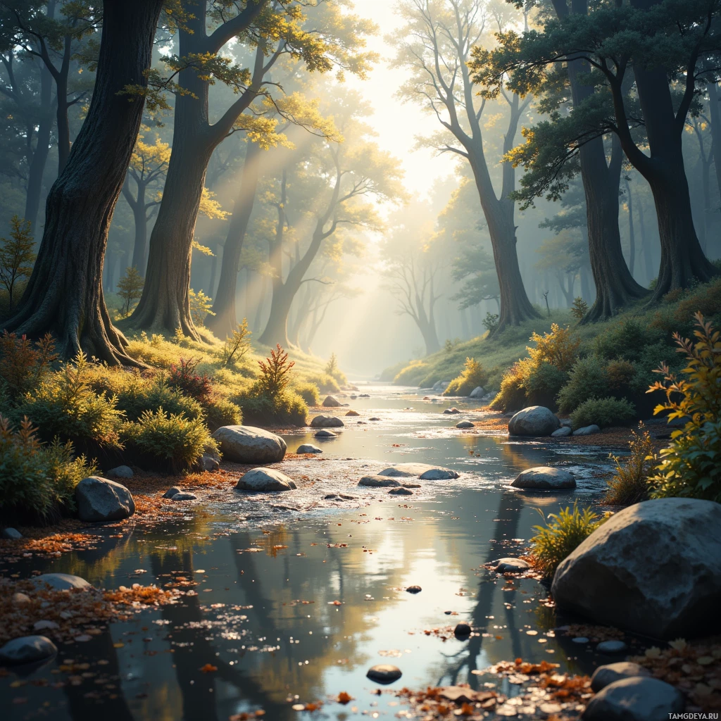 A serene forest scene with a calm river reflecting sunlight filtering through the trees.