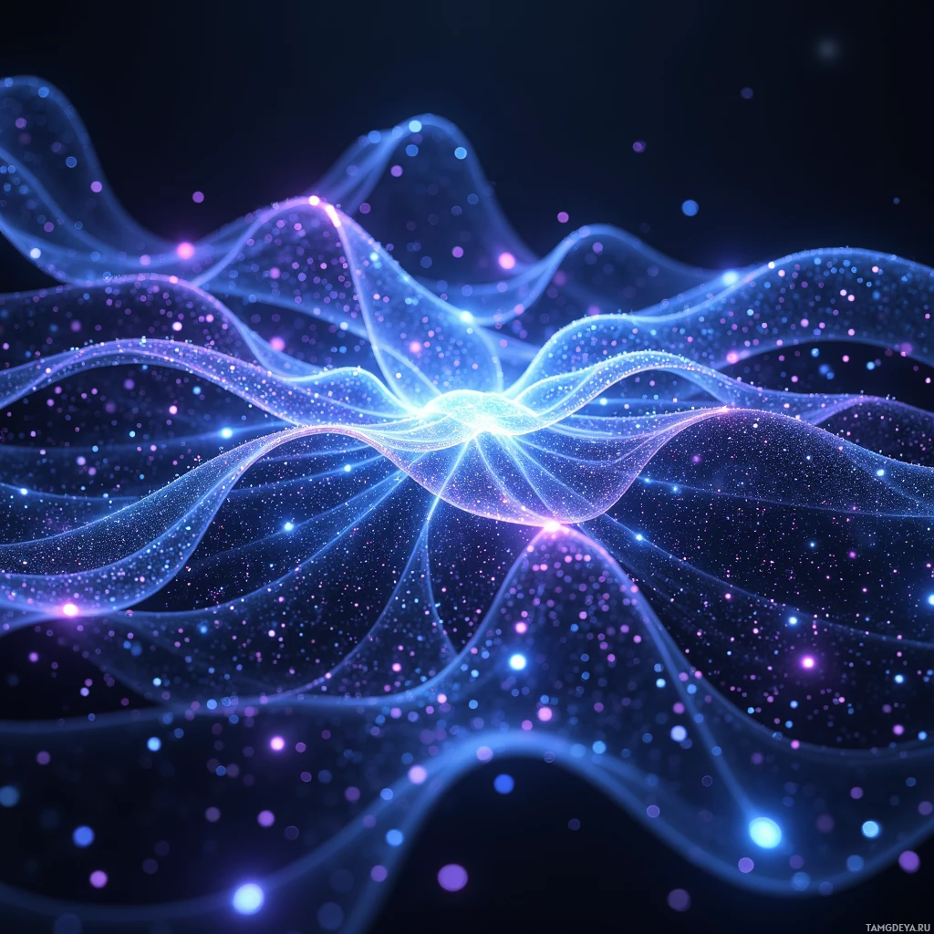 A glowing, abstract wave pattern with blue and purple hues against a dark background.
