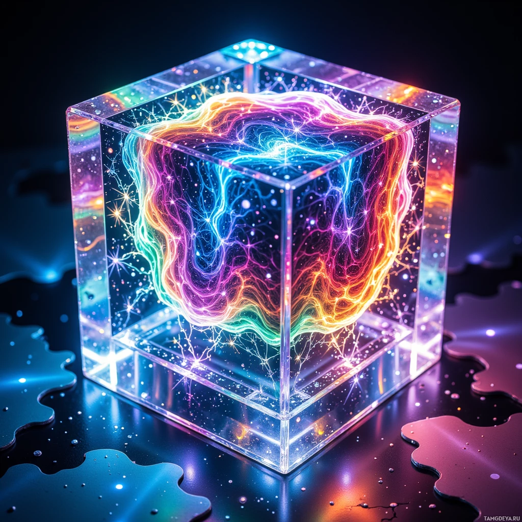 A glowing, multicolored cube with intricate, swirling patterns inside, set against a dark background.