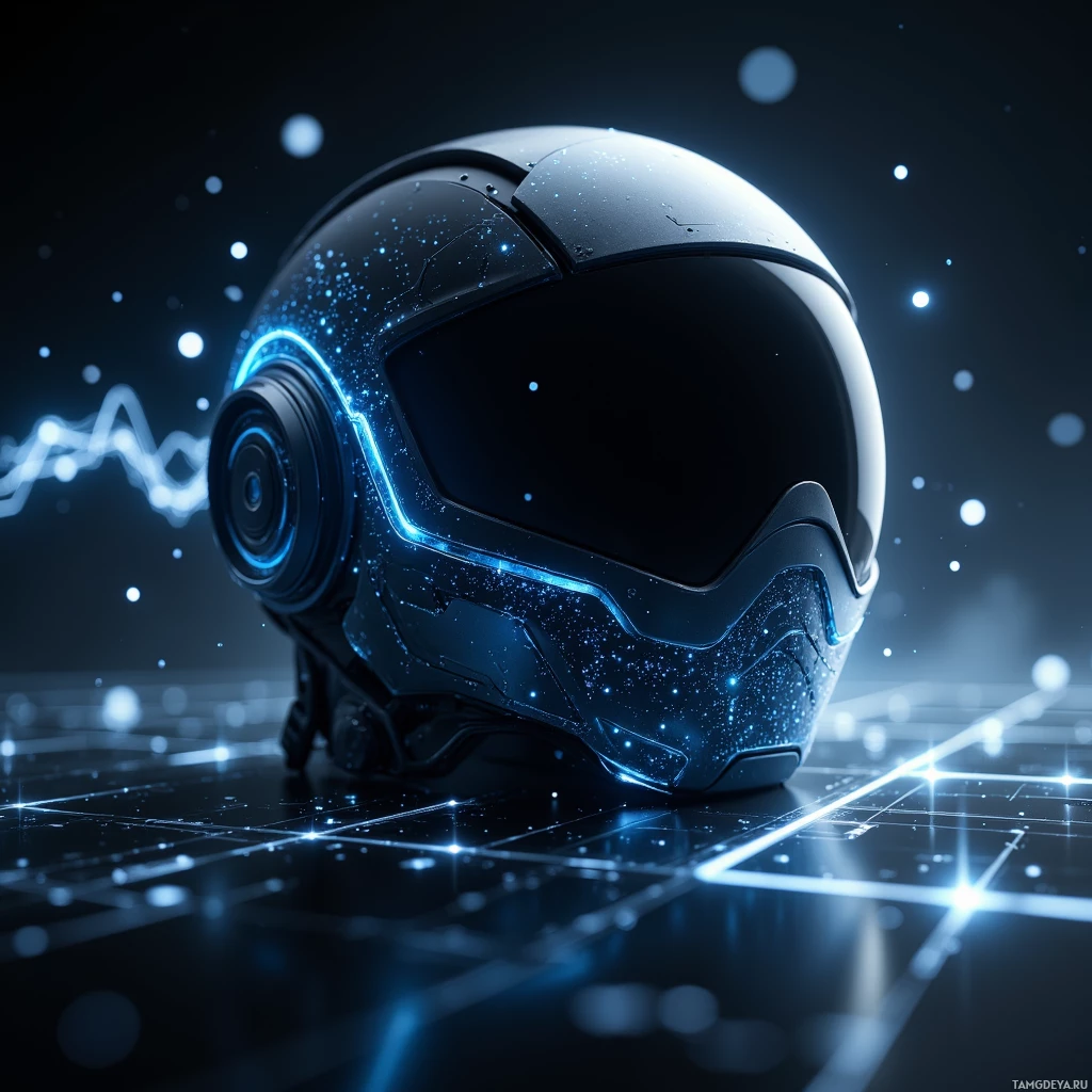 A futuristic helmet with glowing blue accents and a reflective visor, set against a dark, starry background.