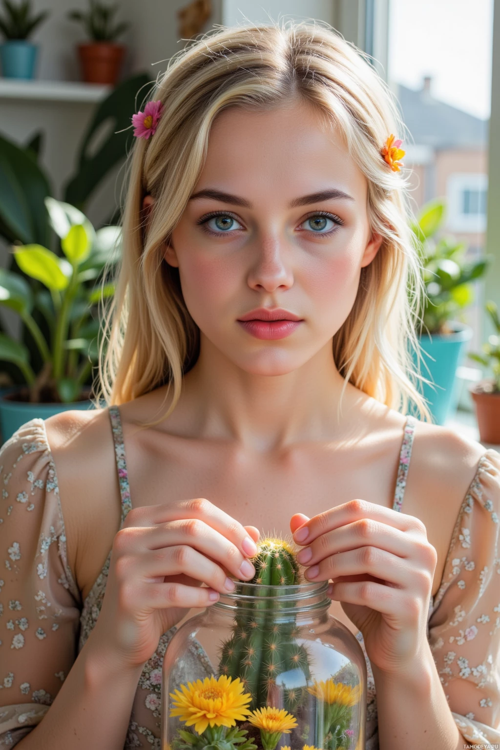 A person holds a glass jar with a cactus and yellow flowers inside, surrounded by greenery.