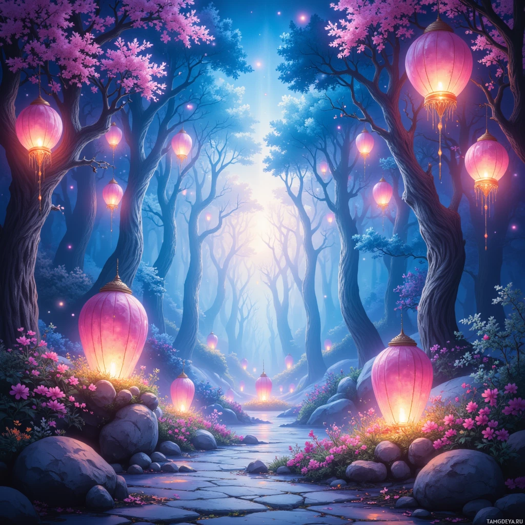 A serene forest scene with glowing pink lanterns hanging from trees and a path leading through a meadow of flowers.