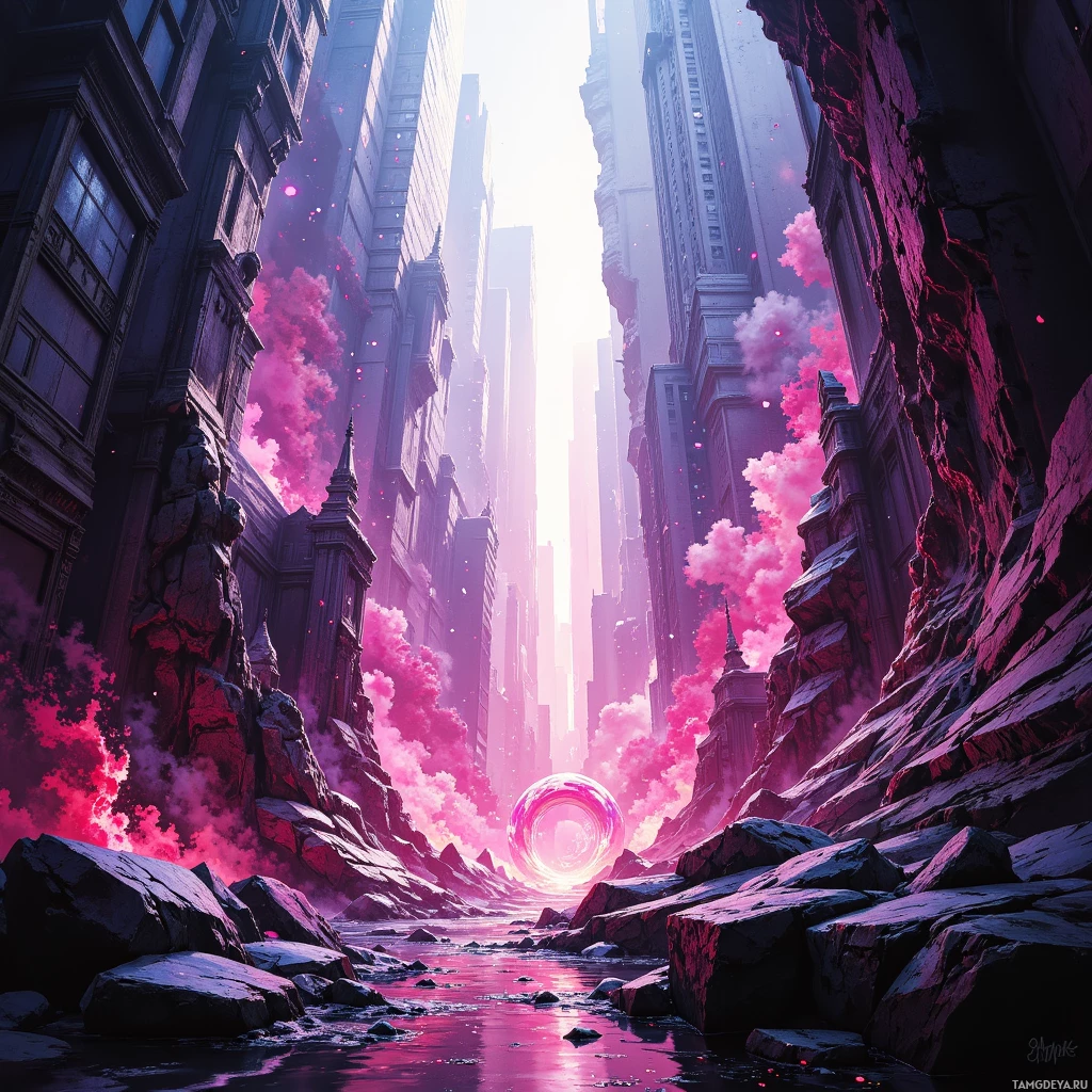 A surreal cityscape with towering skyscrapers and a glowing pink orb in the center, surrounded by rocky terrain and vibrant pink clouds.