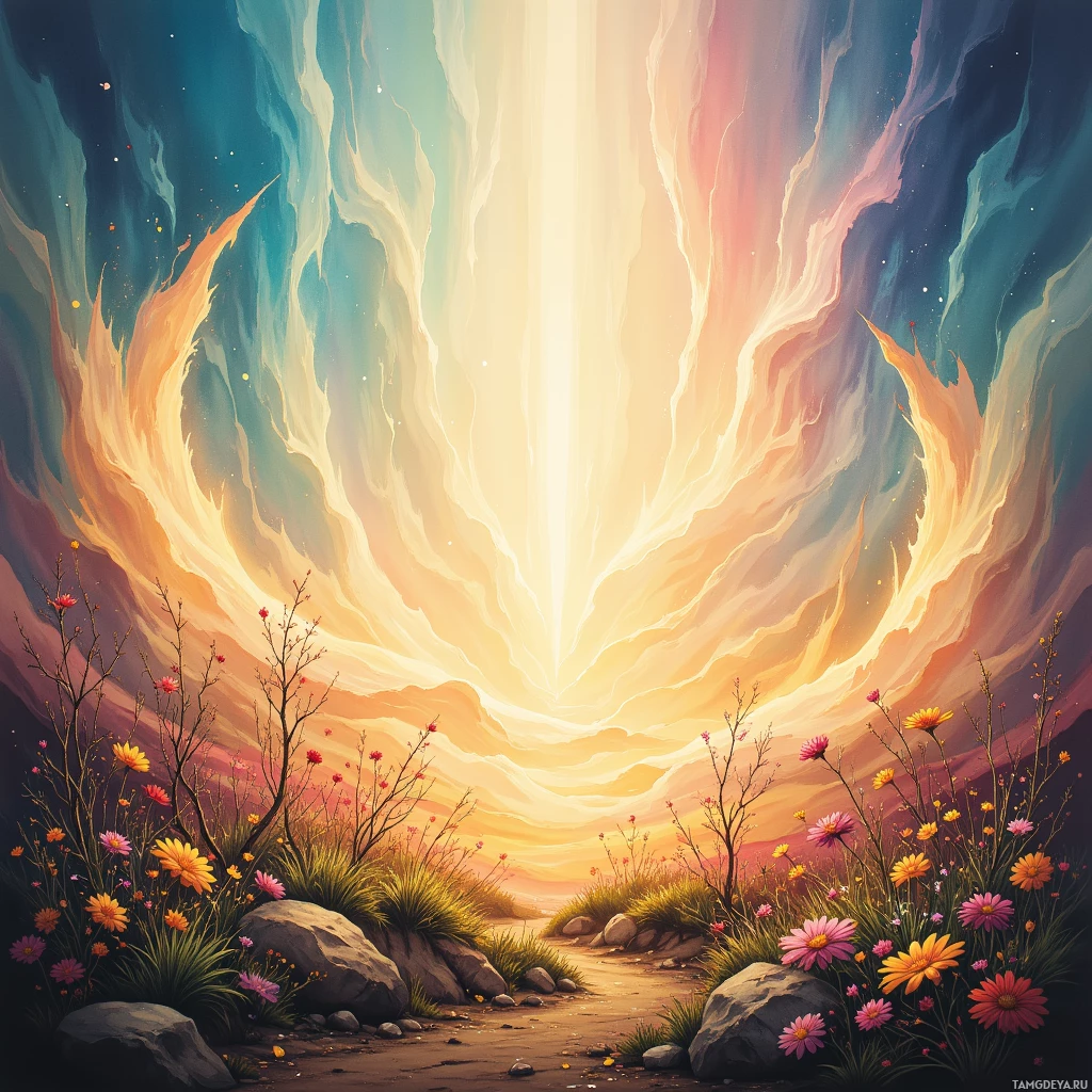 A vibrant landscape with colorful flowers and a radiant sky.