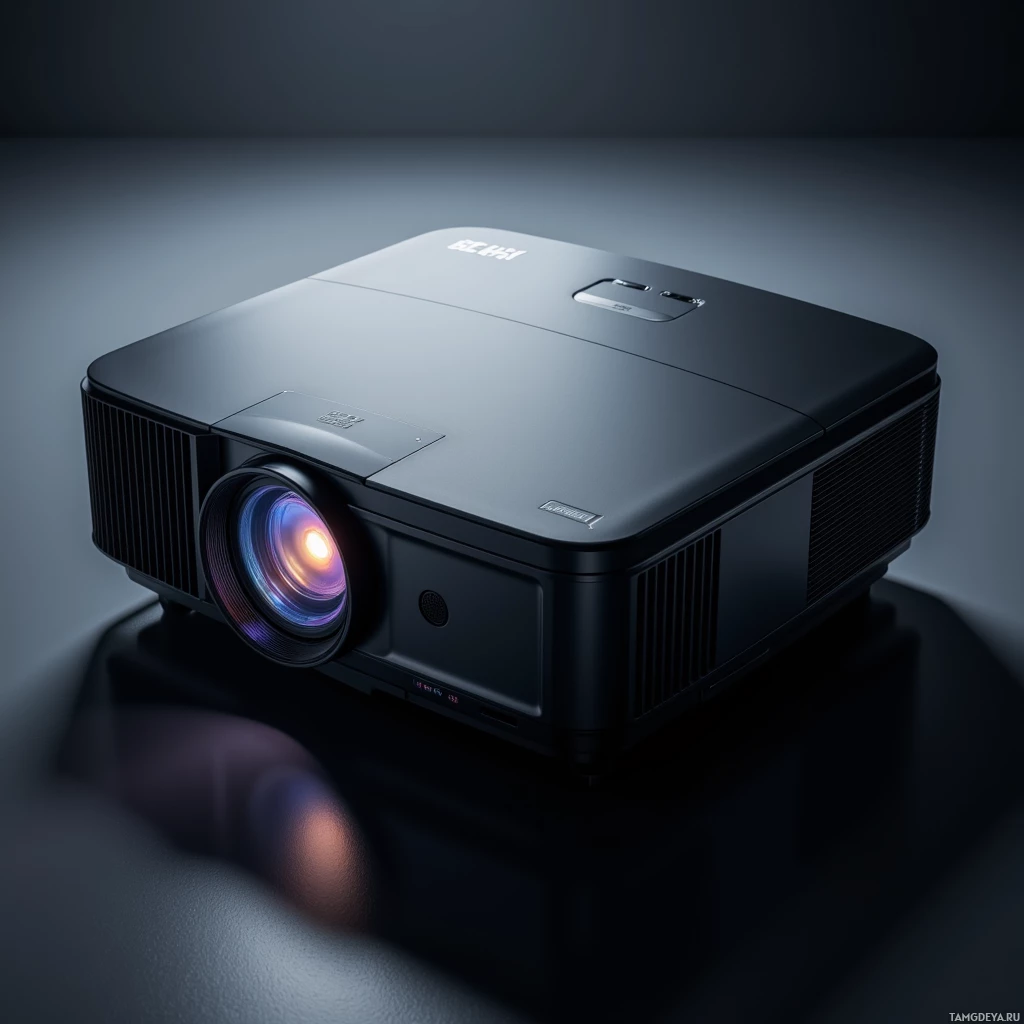 A sleek black projector with a glowing lens is displayed against a dark background.