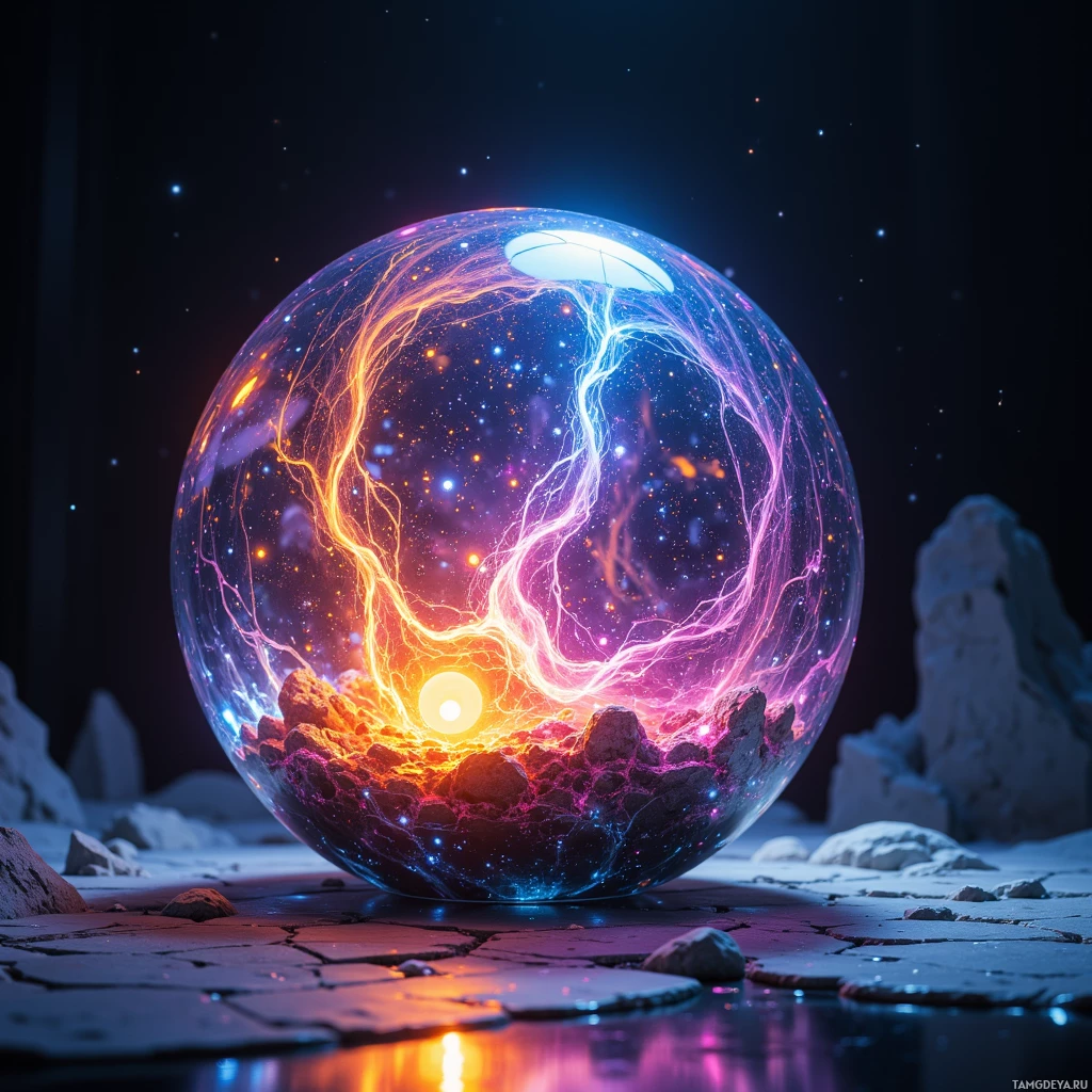 A glowing crystal sphere with vibrant cosmic energy and lightning-like patterns inside is set against a dark, starry background.