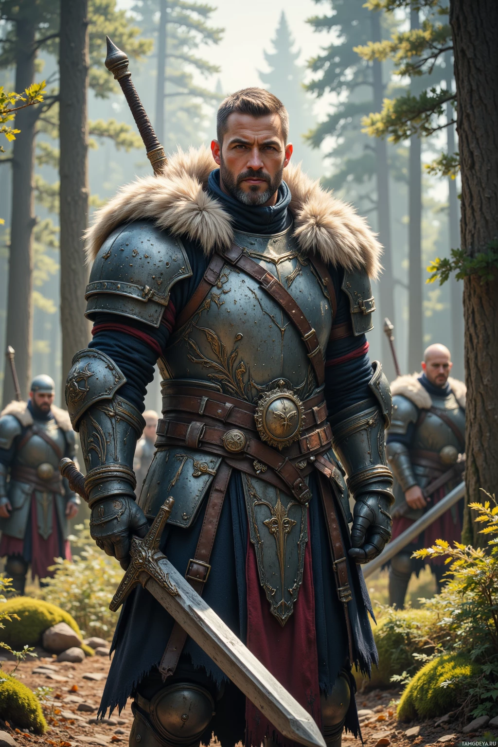 A knight in ornate armor stands in a forest, holding a sword.