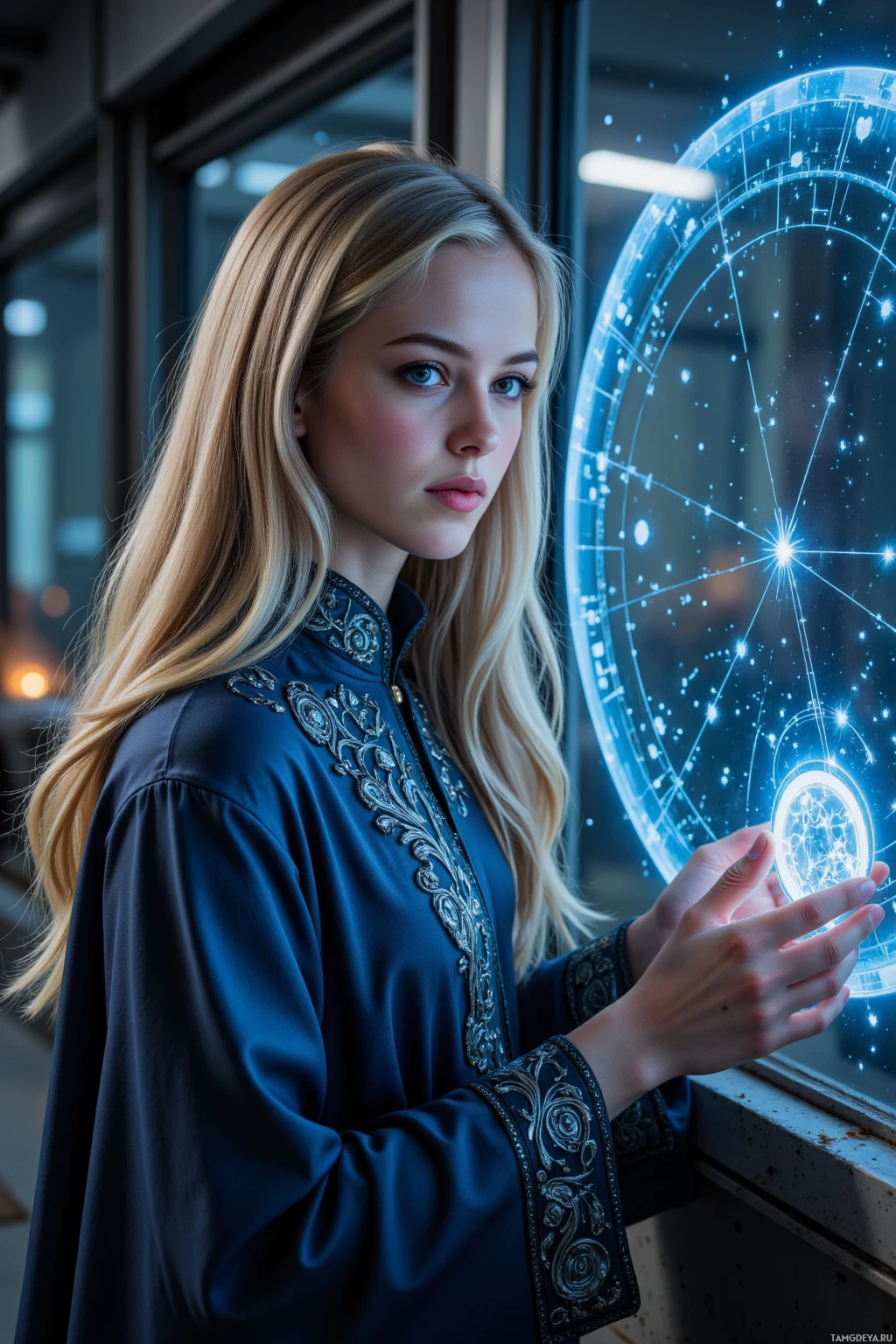 A person stands by a window, gazing at a glowing, futuristic display.