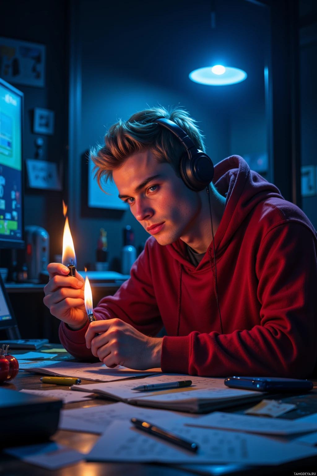 A person wearing headphones sits at a desk, holding a lit lighter, with papers and a computer in the background.