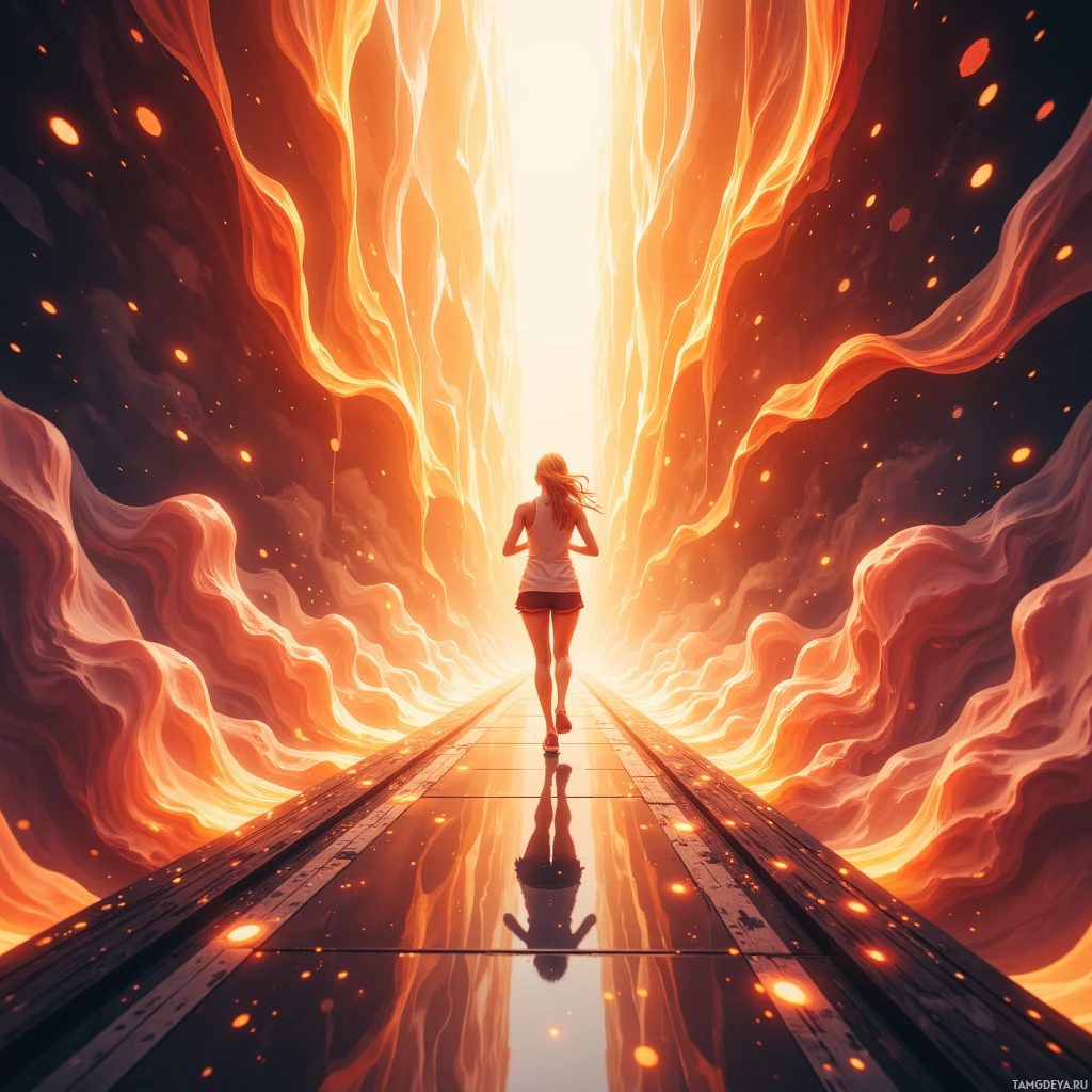 A person runs down a glowing path surrounded by fiery clouds in an ethereal setting.