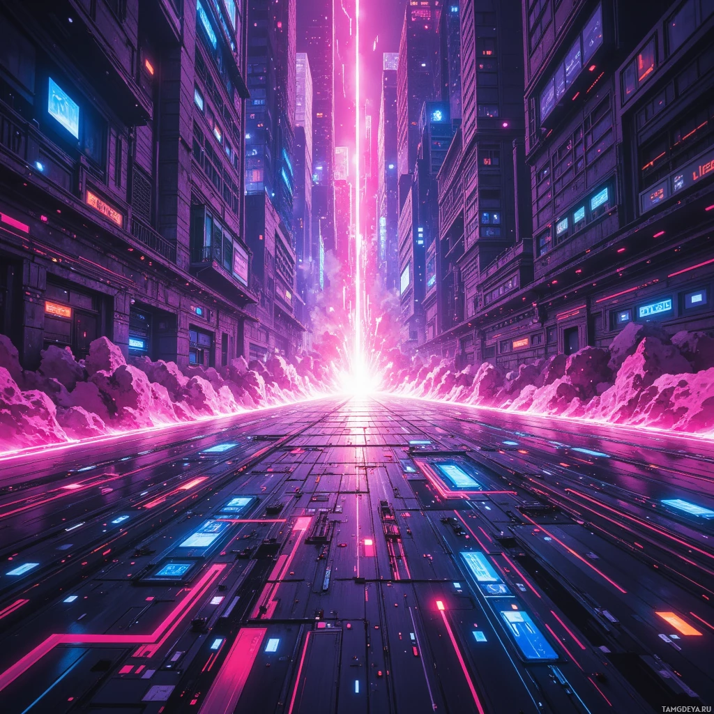 A futuristic cityscape with neon lights and a glowing vertical beam.