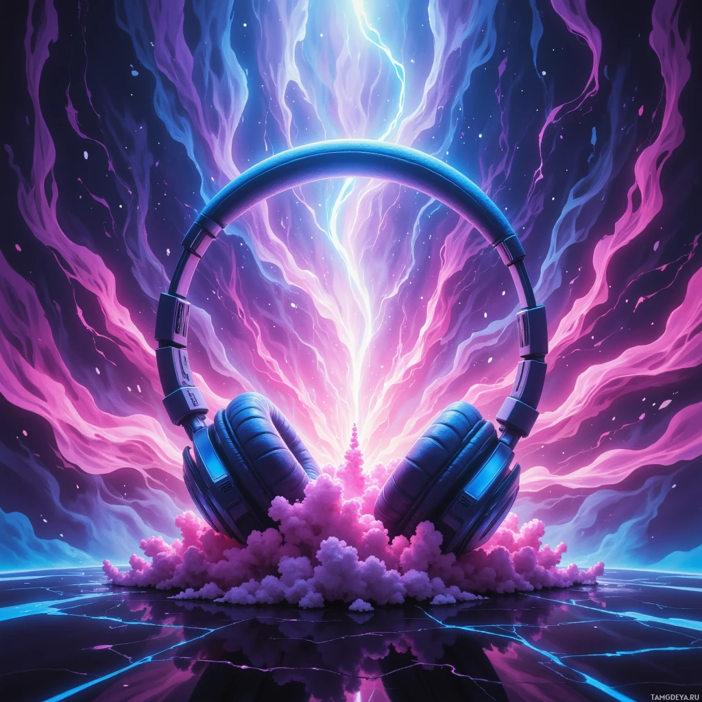 A pair of headphones is surrounded by vibrant pink and purple clouds with lightning streaks in the background.