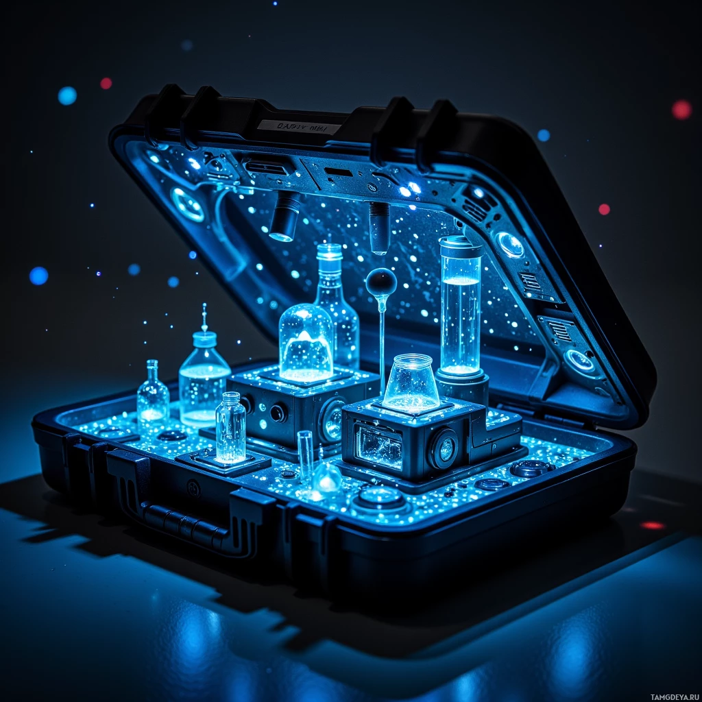 Semi-abstract image with many light, that is suitable for the post:  A slim portable laboratory folding from a matte black rugged case to reveal a compact microscope, spectrometer, DNA sequencer and weather station, adorned with scattered bioluminescent LEDs that glow when a sample is inserted.