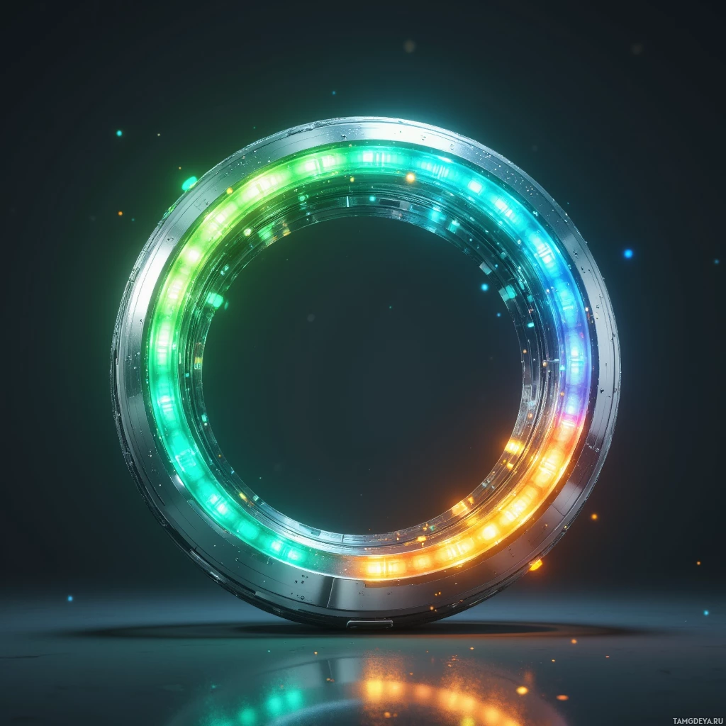A glowing circular portal with multicolored lights against a dark background.