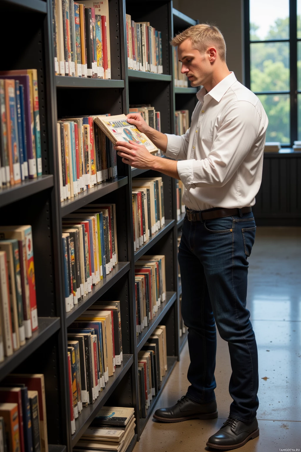 A man in a white shirt and jeans stands in a library, browsing books on a shelf.
