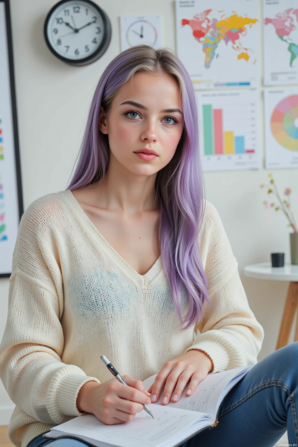 A person with purple hair is sitting and writing in a notebook.