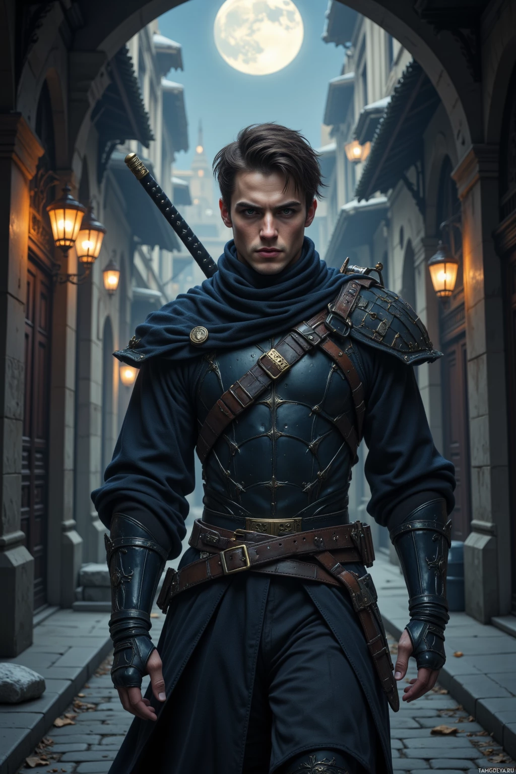 A person in medieval-style armor stands under an archway with a full moon above.