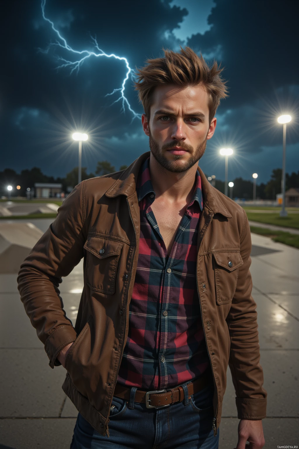 A person stands outdoors at night, wearing a brown jacket over a plaid shirt, with a dramatic lightning strike in the background.