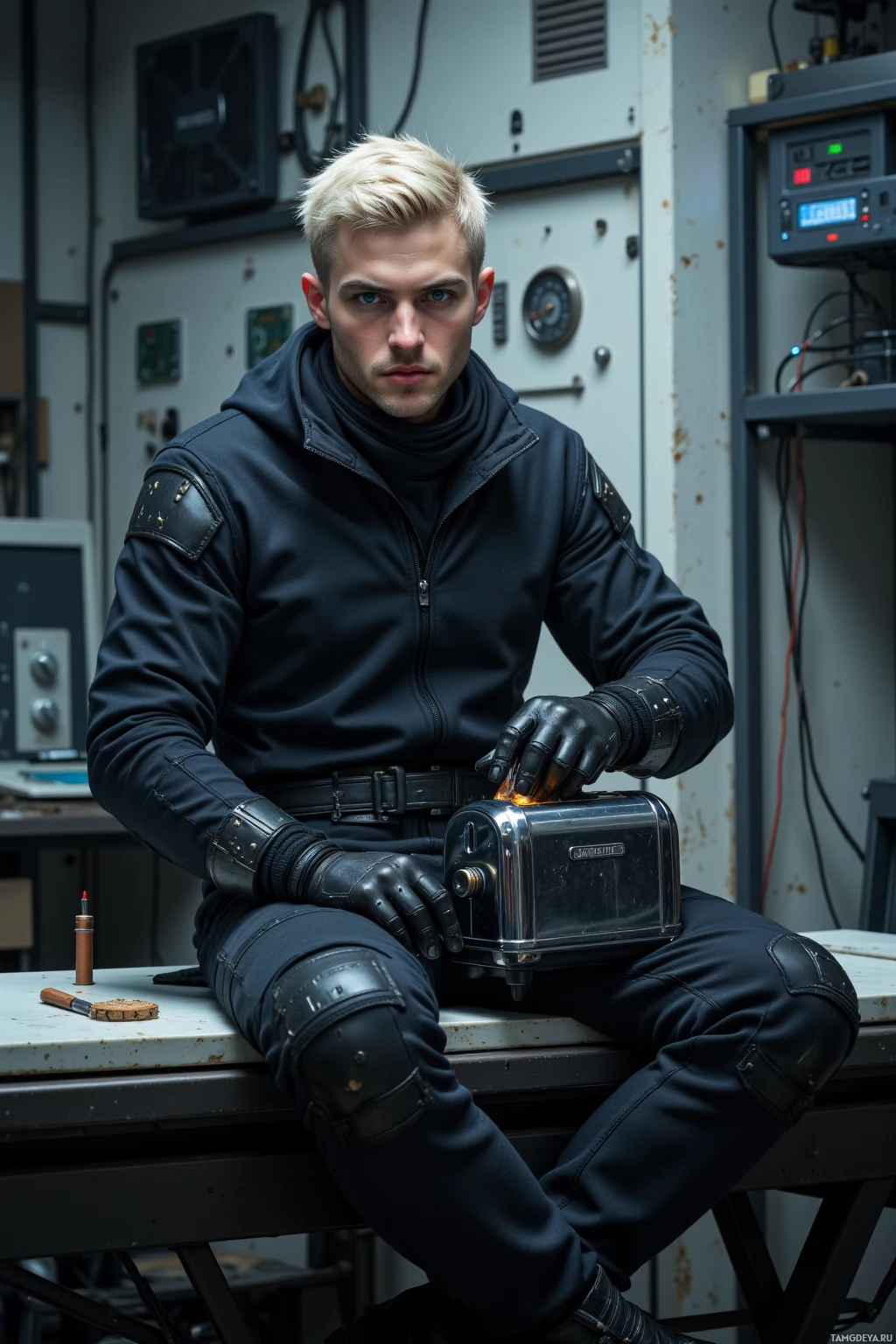 A person in a dark uniform and gloves sits on a table, holding a small device with a glowing element.