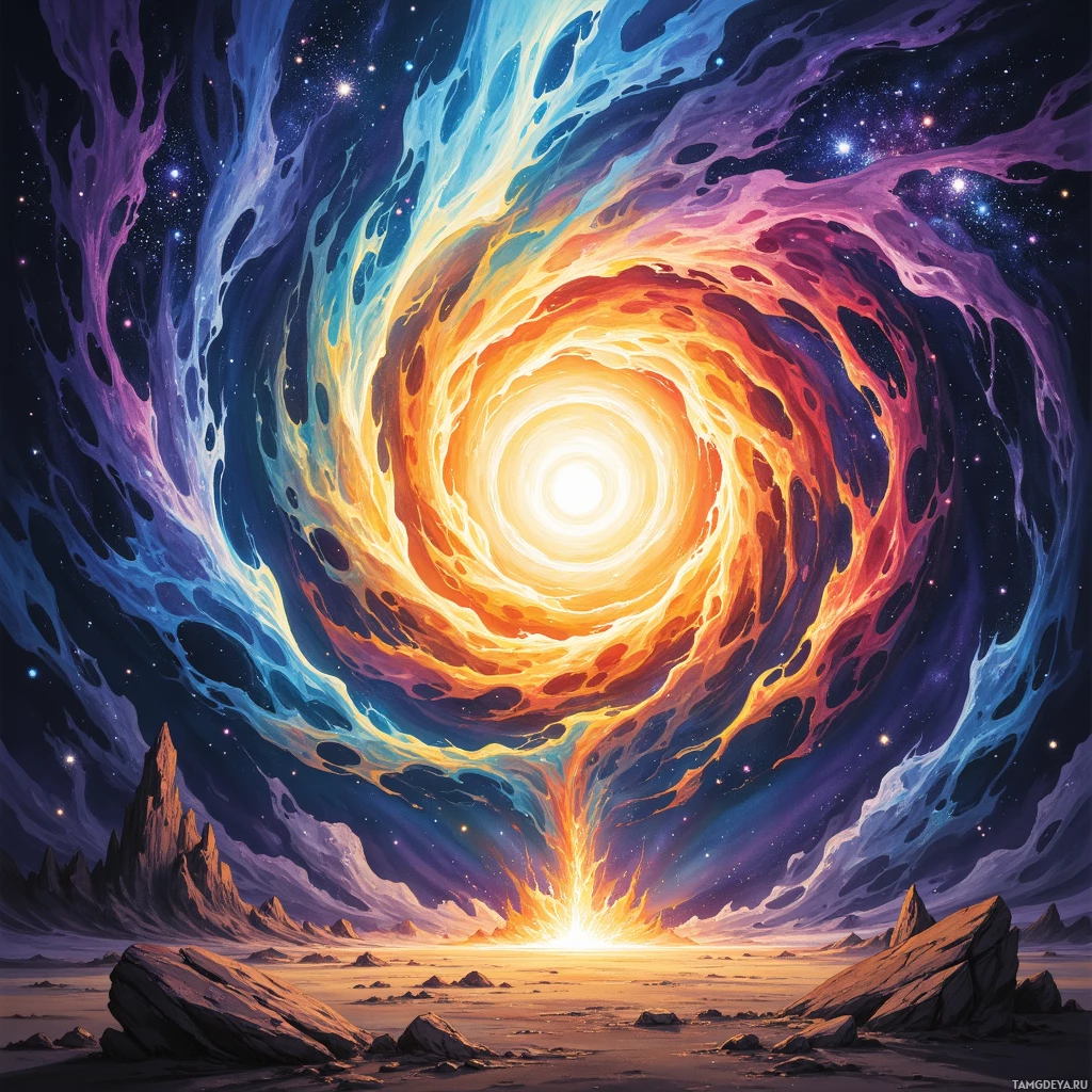A vibrant cosmic scene featuring a swirling vortex of colors against a starry backdrop, with a rocky landscape in the foreground.