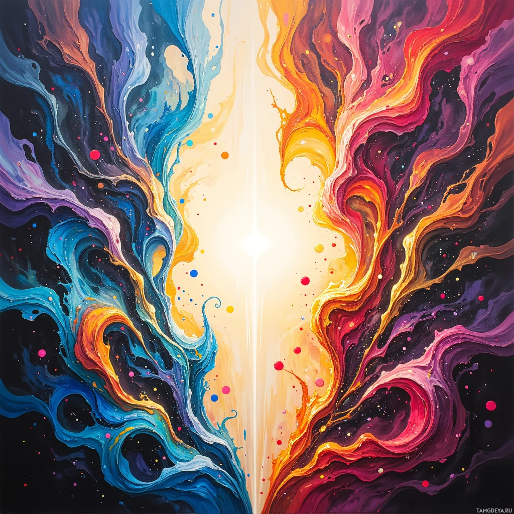 A vibrant abstract painting featuring swirling patterns of blue, orange, and purple against a dark background.
