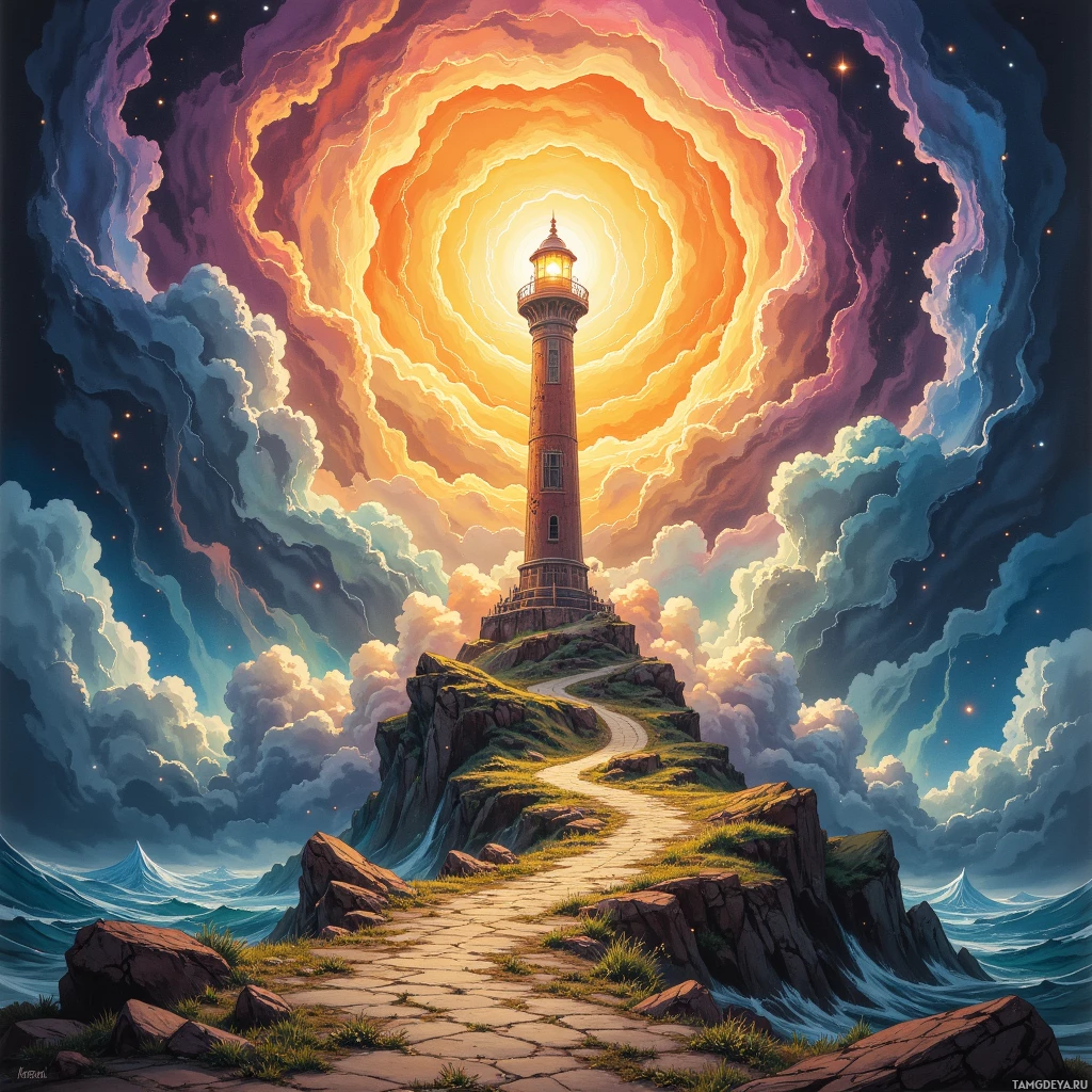 A lighthouse stands on a rocky cliff, illuminated against a swirling, colorful sky.