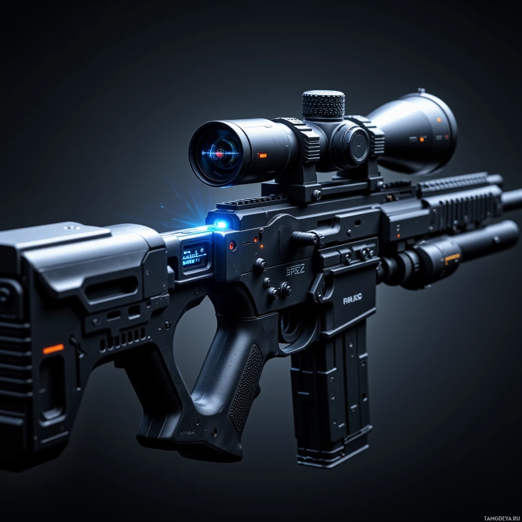 A modern tactical rifle with advanced optics and illuminated elements is displayed against a dark background.