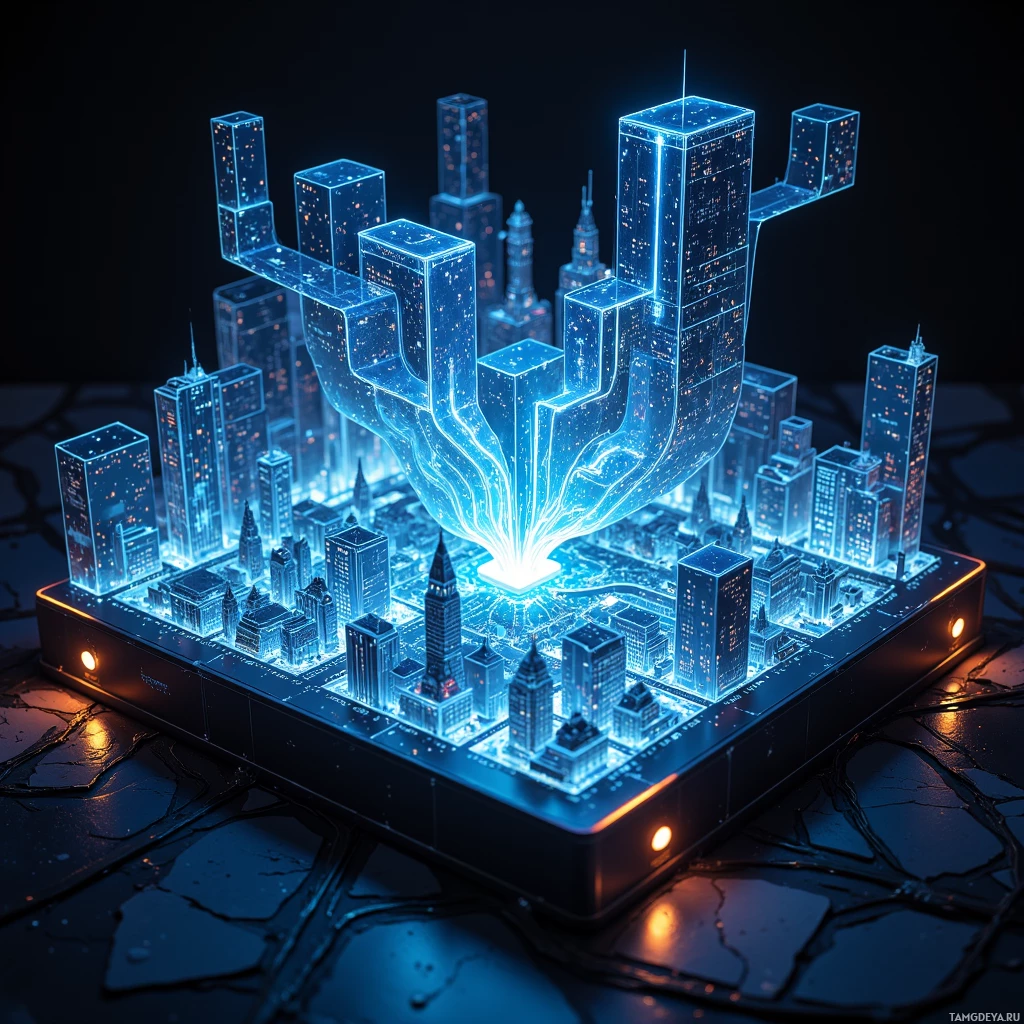 A futuristic cityscape with glowing blue buildings and a central light source.