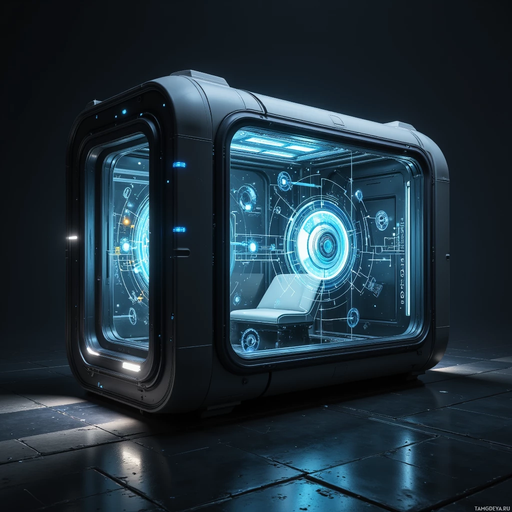 A futuristic, illuminated pod with a sleek, modern design and glowing blue interior.