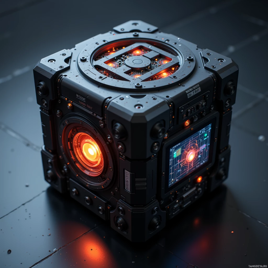 A futuristic cube with glowing red and orange lights and a digital display on one side.