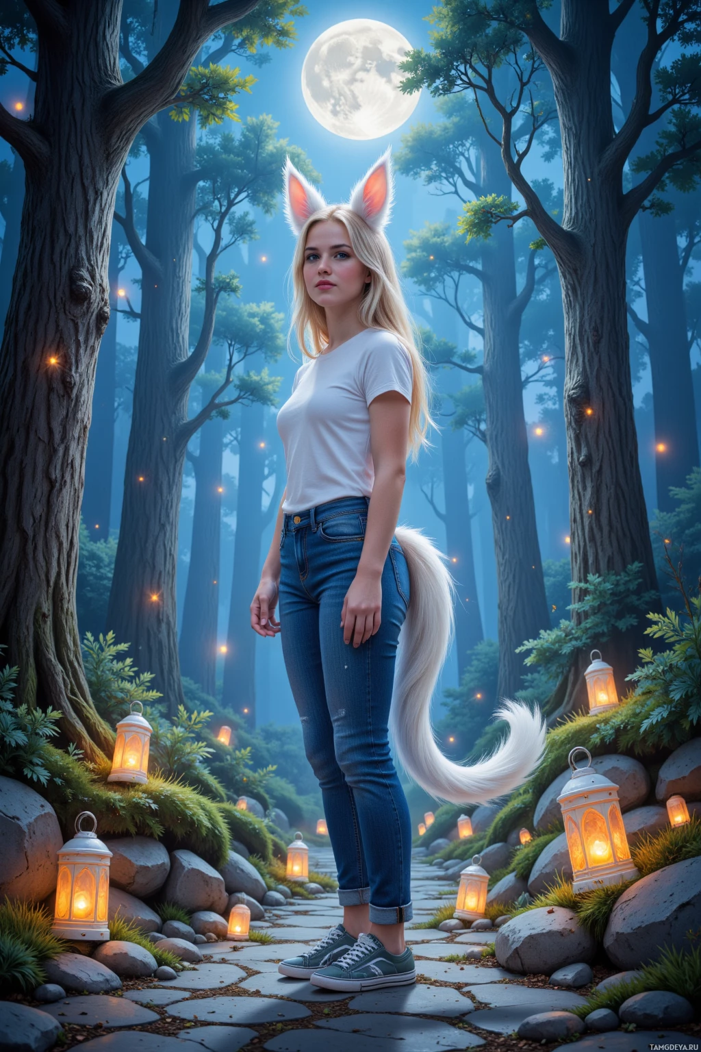 A person with fox ears and a tail stands on a stone path in a forest at night, illuminated by lanterns.