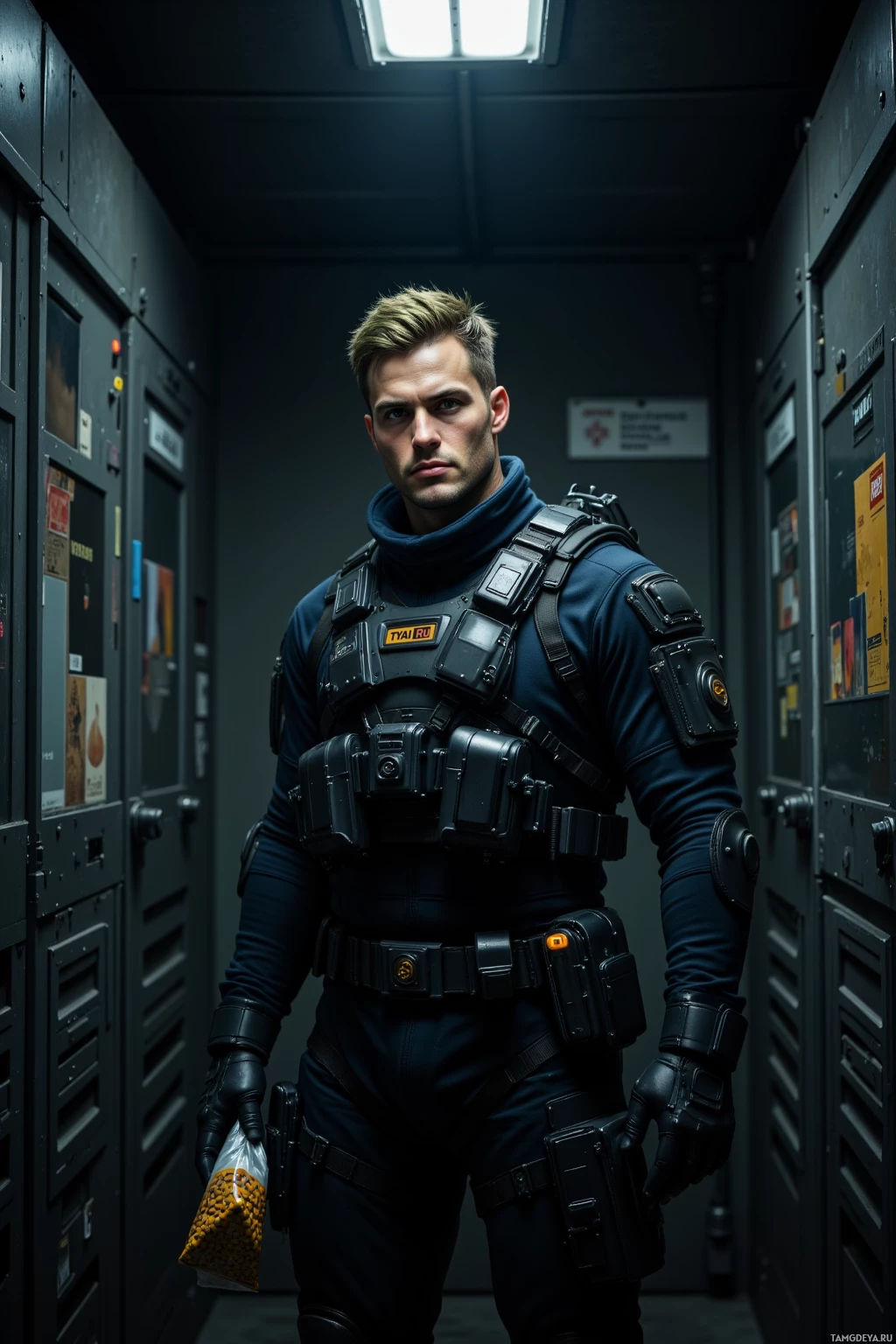 A person in tactical gear stands in a corridor with lockers on either side.