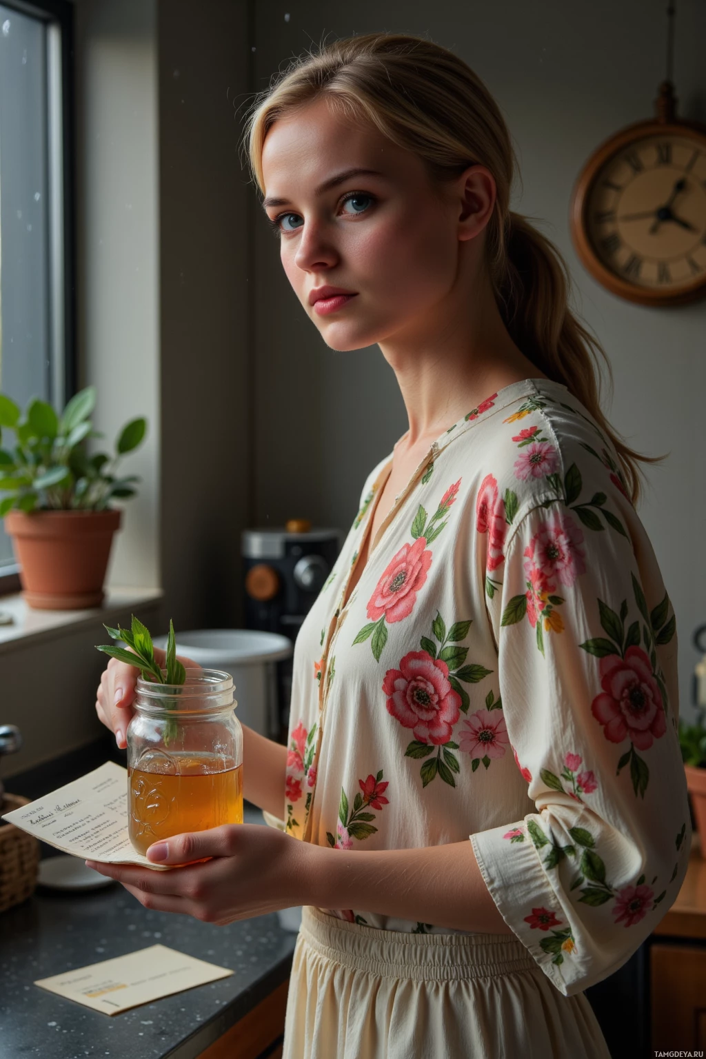A woman in a floral dress holds a jar of tea near a window.