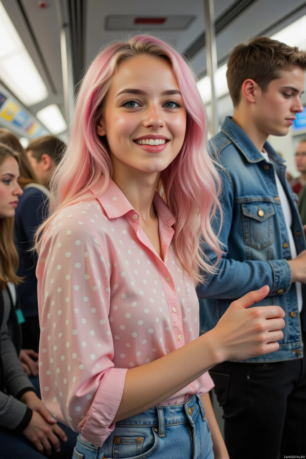 A person with pink hair and a polka-dot shirt is standing in what appears to be a public transportation setting.