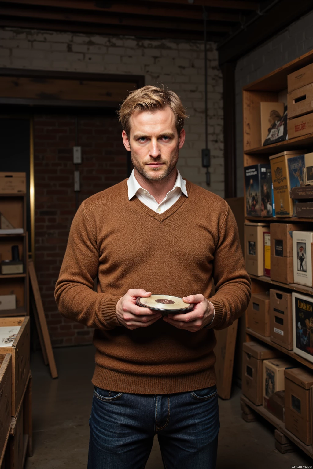 A person in a brown sweater holds a small object in a room with shelves and boxes.