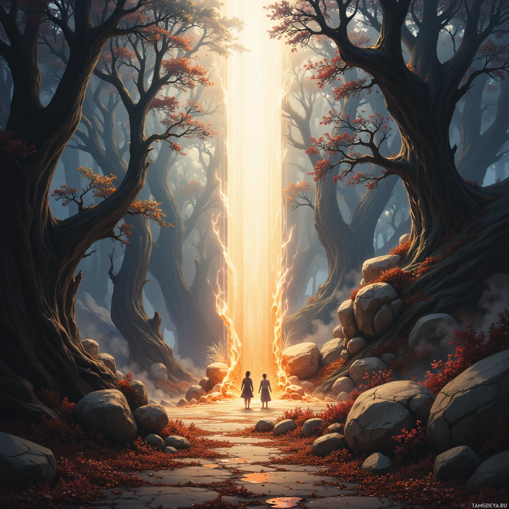 Two figures stand at the entrance of a mystical forest with glowing light streaming through.