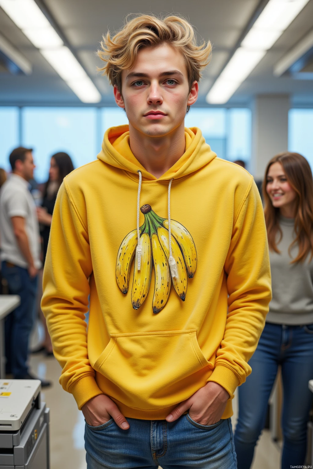 A person wearing a yellow hoodie with a banana print stands in an office setting.