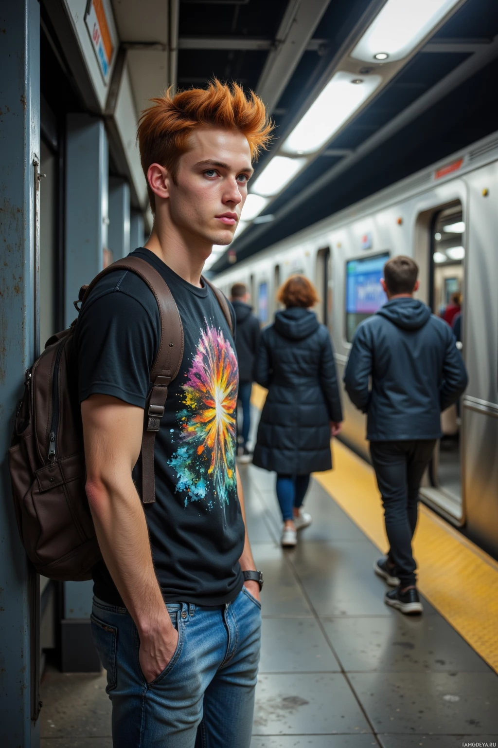 A young man with red hair stands on a subway platform, wearing a colorful t-shirt and a backpack.