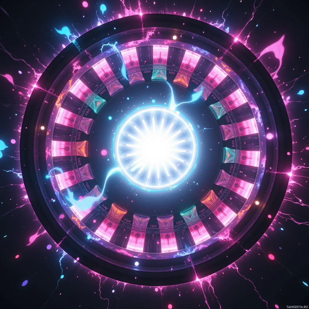 A glowing, futuristic circular design with vibrant colors and energy effects.
