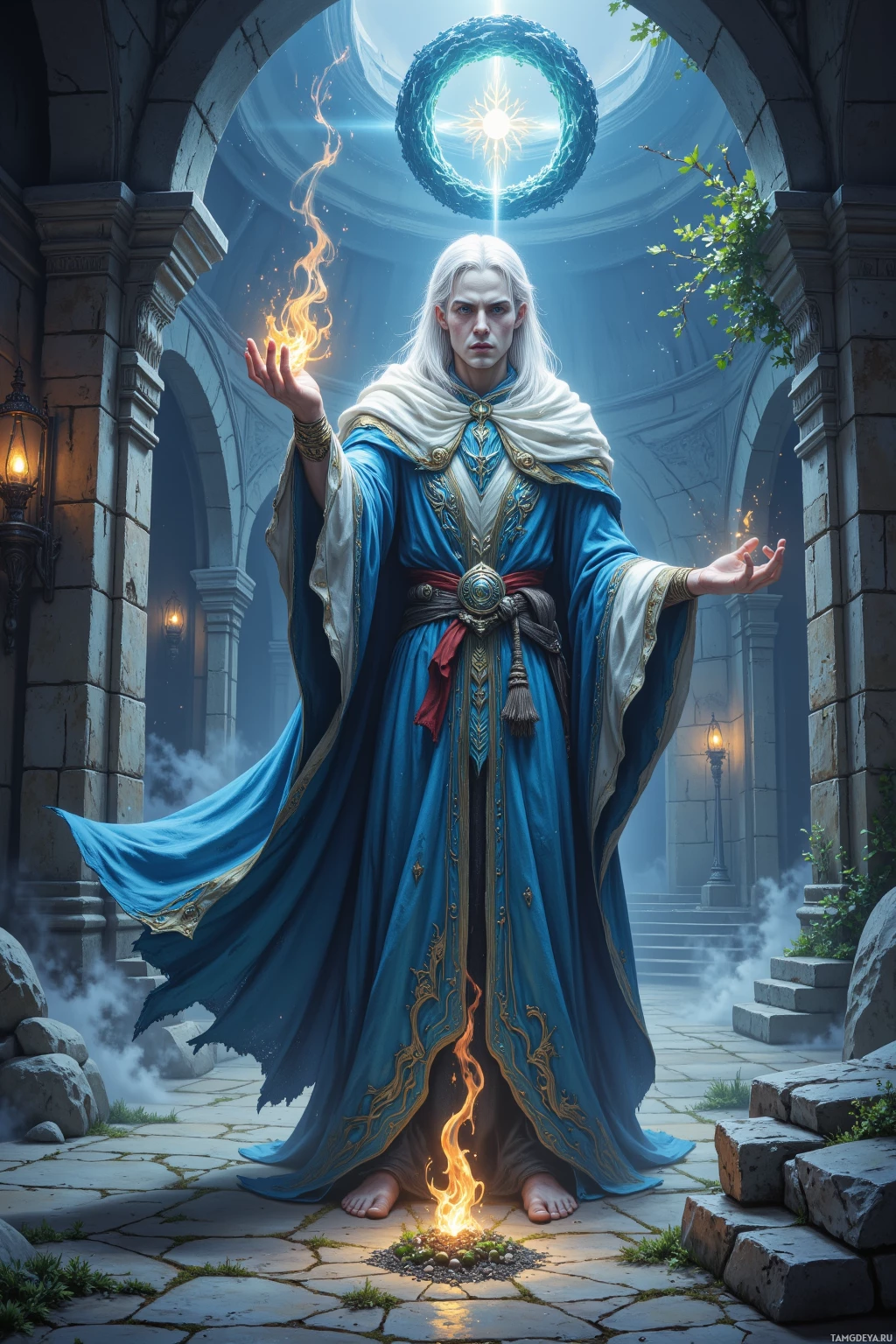Realistic high quality photo. A 35‑year‑old white‑haired wizard with blue‑green eyes, pale skin, wearing a silver‑and‑deep‑blue mystical robe, stands in a stone courtyard at twilight, aligning wind sigils while guiding apprentices with flicks of fire and stone runes, planting a small seed among ancient stone steps, surrounded by swirling mist and subtle glowing runes, his posture calm and precise.