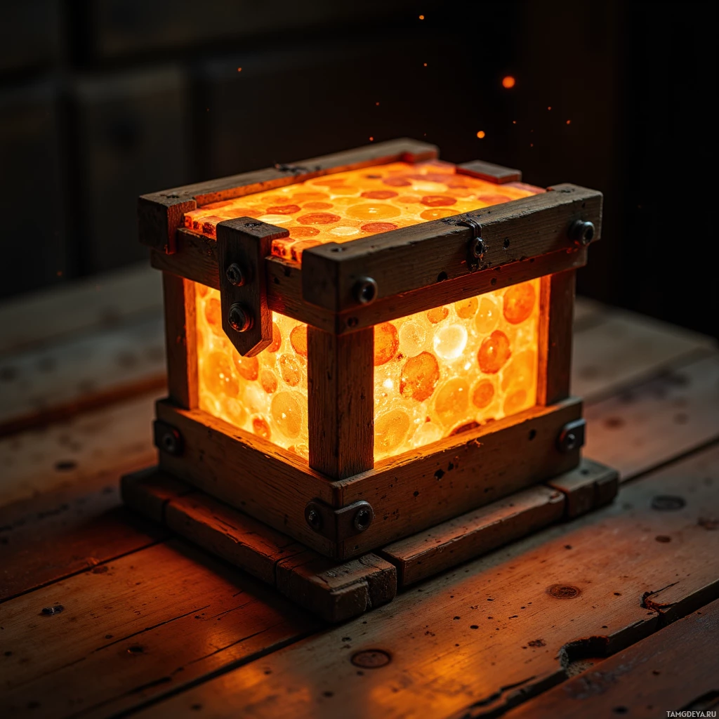 A glowing wooden box with a honeycomb-like interior sits on a wooden surface.