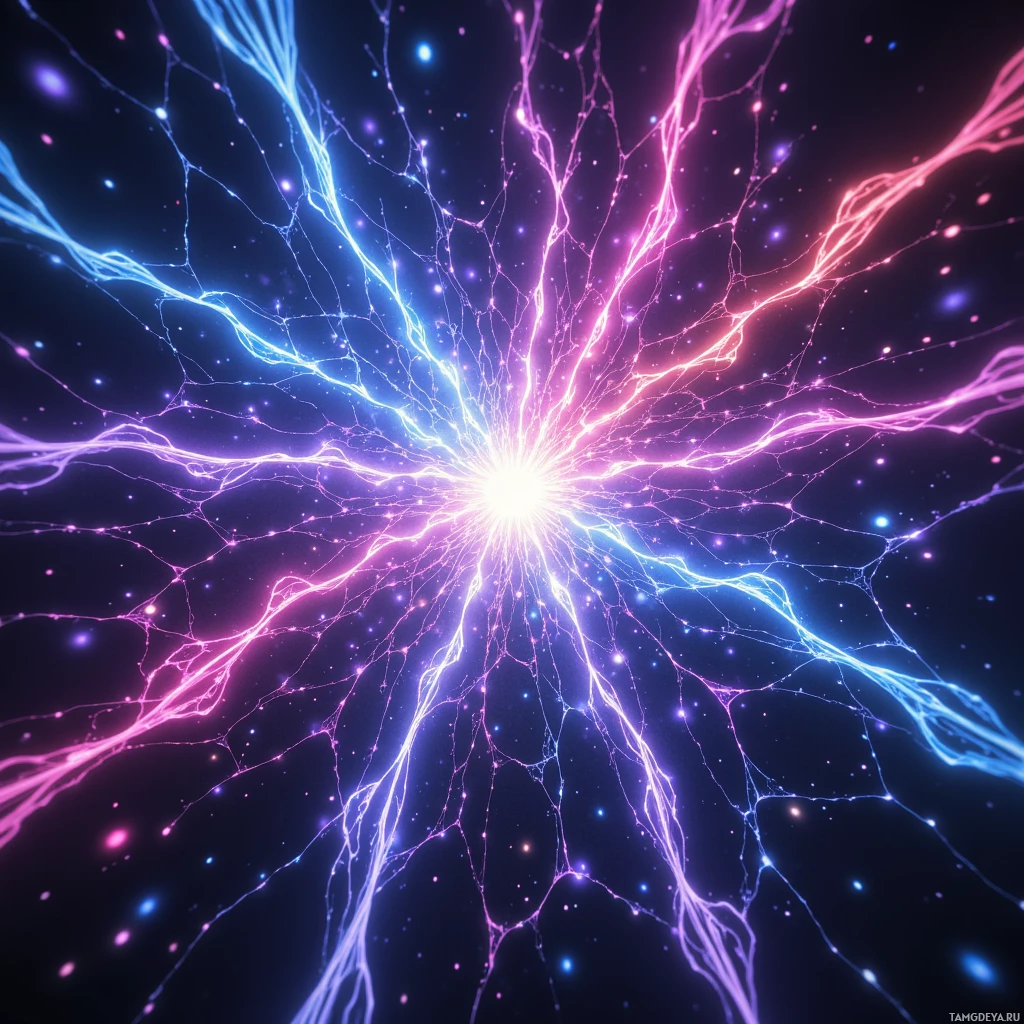 A vibrant cosmic explosion with glowing lines and particles in shades of blue, pink, and purple.