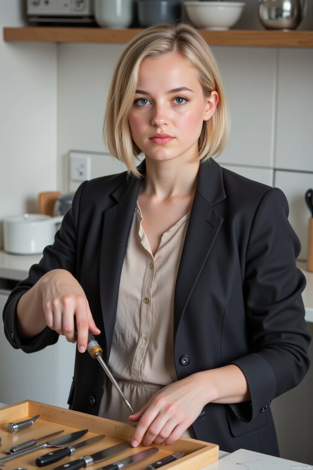 Realistic high quality photo. Methodical 27‑year‑old woman with blonde bob hair and blue eyes in a modern kitchen, wearing a vintage tailored jacket over a simple blouse, meticulously organizing knives and utensils into a drawer, her calm expression reflecting satisfaction as she steadies a screwdriver that slips out of alignment.