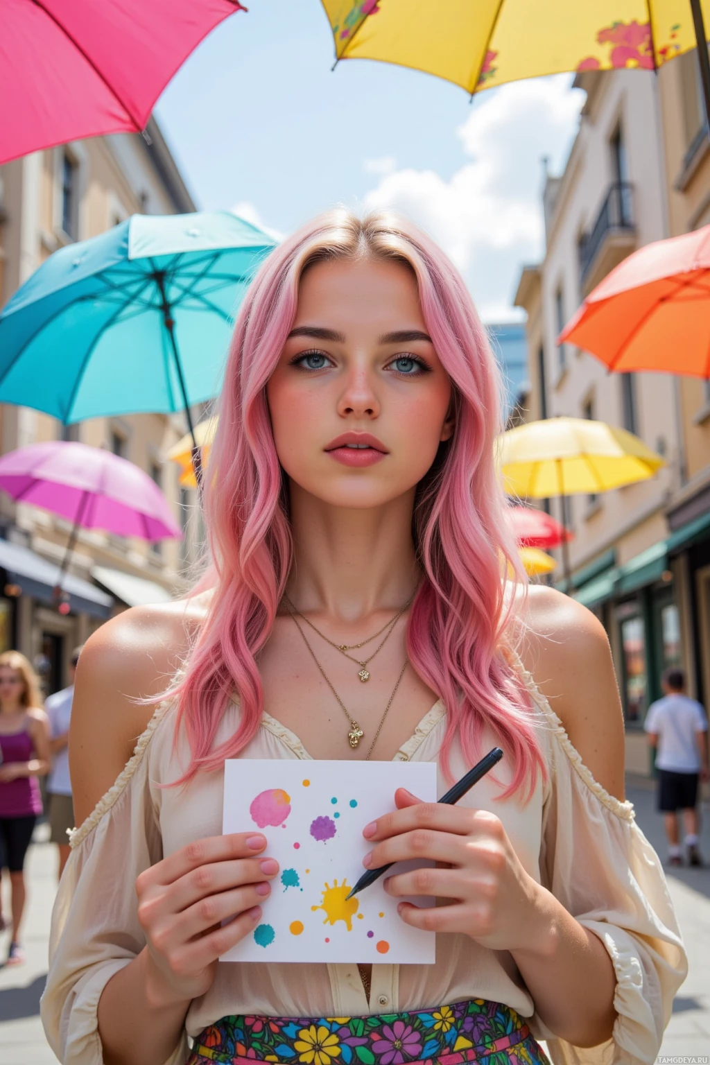 A person with pink hair holds a piece of paper with colorful paint splatters and a pen, standing under colorful umbrellas in a sunny street.